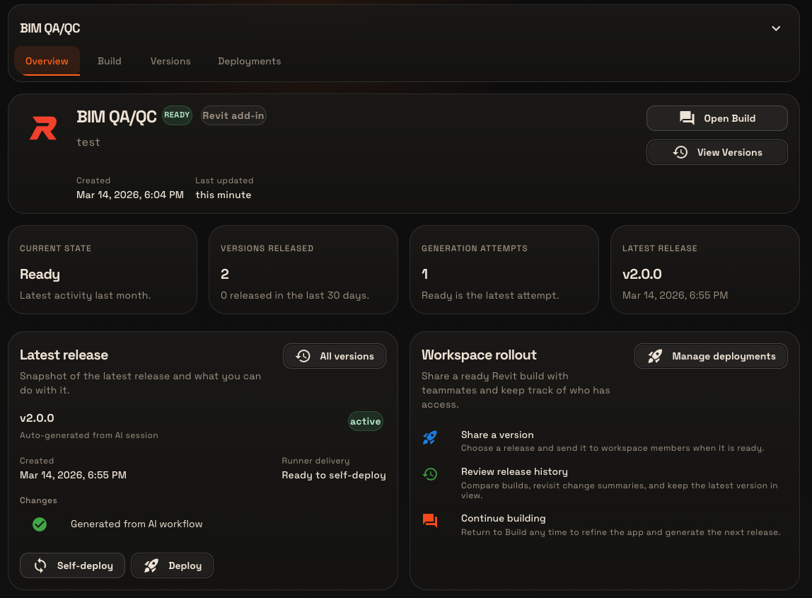 App overview showing release state, versions, and workspace rollout controls